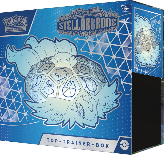 Blue and silver box featuring a crystalline turtle Pokémon with elemental icons on its shell and geometric patterns.