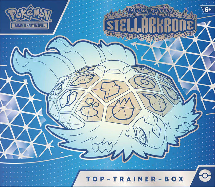 Blue Pokemon box featuring silver crystalline Terapagos artwork and gold shell symbols on a geometric blue background.