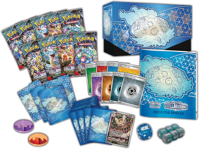 Blue Pokémon box set featuring Terapagos art, booster packs, energy cards, dice, and card sleeves.