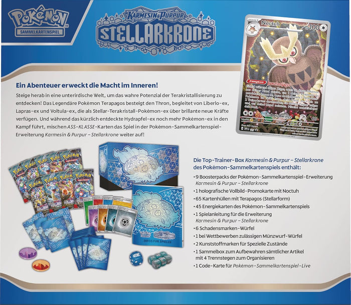 Blue Terapagos themed box with 9 booster packs, matching card sleeves, blue dice, and a holographic Noctowl card.