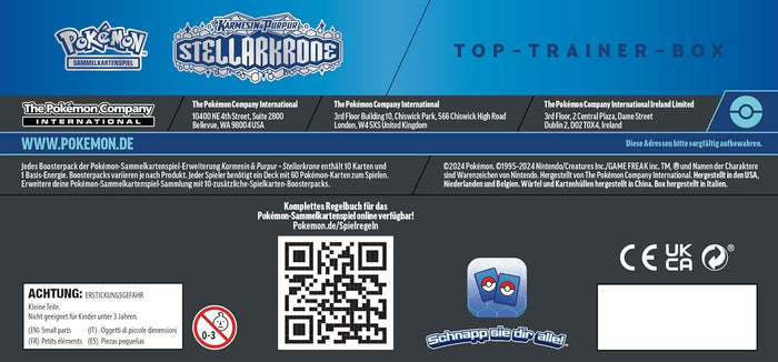 Blue back panel of a German Pokemon Stellar Crown box with logos, company addresses, safety icons, and a QR code.