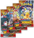 Four staggered foil booster packs featuring a crowned Pikachu and vibrant crystalline Pokémon illustrations.