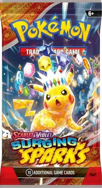 Foil booster pack featuring a crystalline Pikachu with a jewel crown amidst colorful floating gems and lightning.