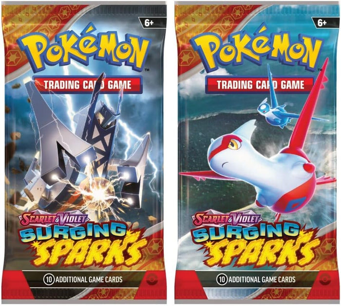 Two foil Pokémon booster packs: one with Archaludon and blue lightning, one with Latias and Latios flying over water.