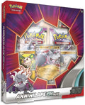 Red and purple Pokémon TCG box with jagged windows showcasing Annihilape ex promo cards and four booster packs.