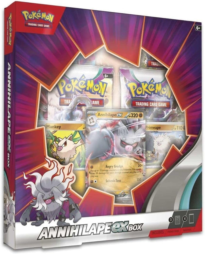 Red and purple Pokémon TCG box with jagged windows showcasing Annihilape ex promo cards and four booster packs.