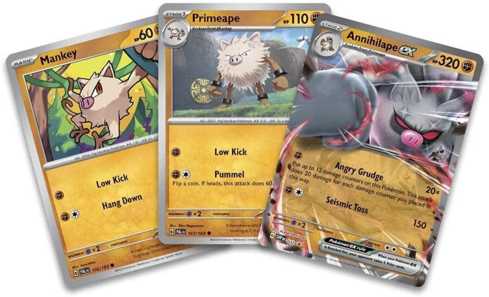 Three yellow fighting-type Pokémon cards fanned out: Mankey, Primeape, and a textured holographic Annihilape ex.