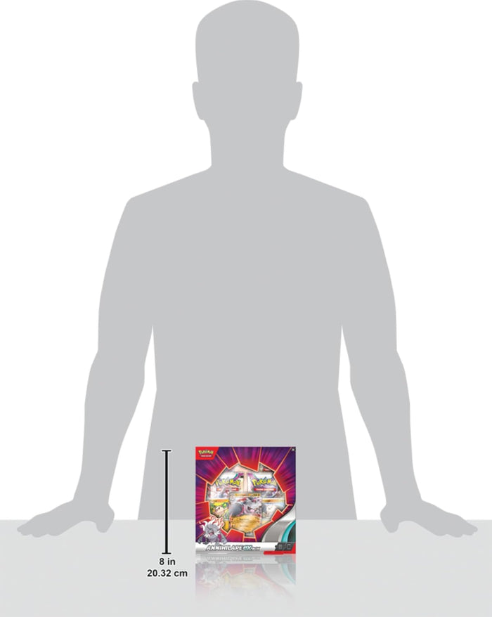 Purple and red Pokémon box with trading cards and packs, shown beside a grey silhouette and 8-inch scale marker.