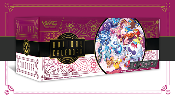Purple and gold Art Deco-style box with a circular illustration of various Pokémon in a snowy winter scene.