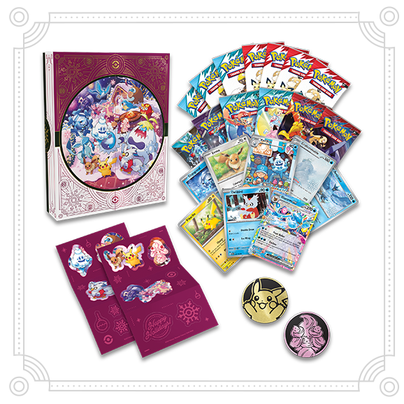 Purple winter-themed advent calendar box with trading cards, booster packs, stickers, and gold and pink character coins.