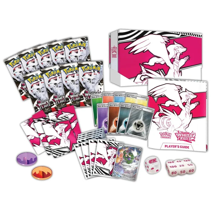 Pink and white Reshiram themed box set featuring card packs, sleeves, energy cards, dice, and a storage box.