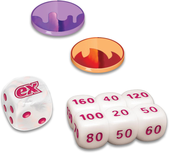Purple and orange condition markers, one white ex die, and six damage counter dice with pink numbers.