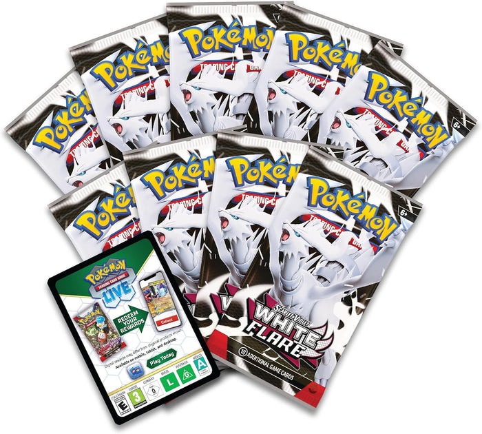 Nine white booster packs with Reshiram artwork fanned behind a digital code card for Pokemon Trading Card Game Live.