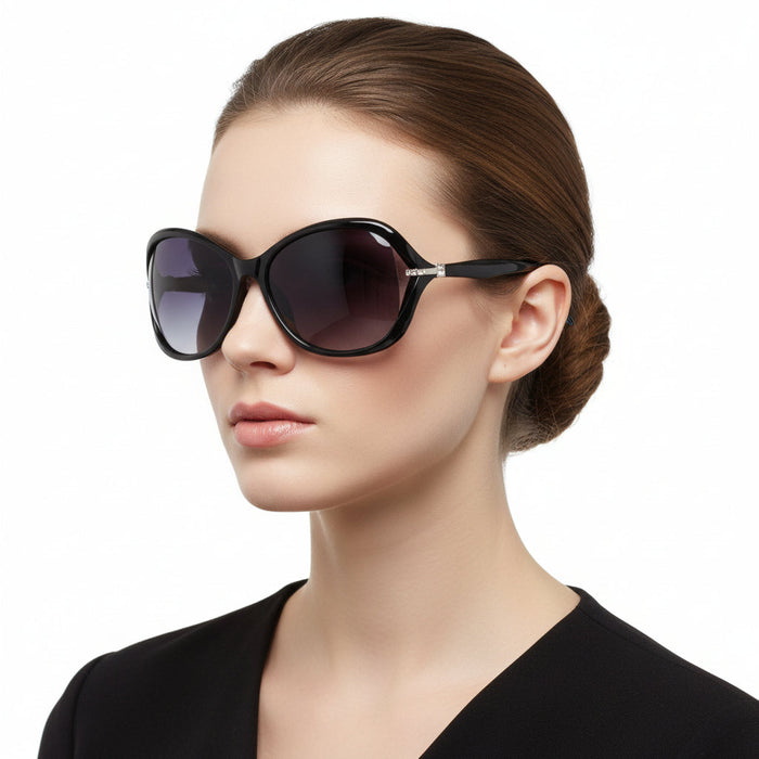 Black dealonlinenz sunglasses with polarized lenses and rhinestone embellishments, stylish and reflective for sun protection.
