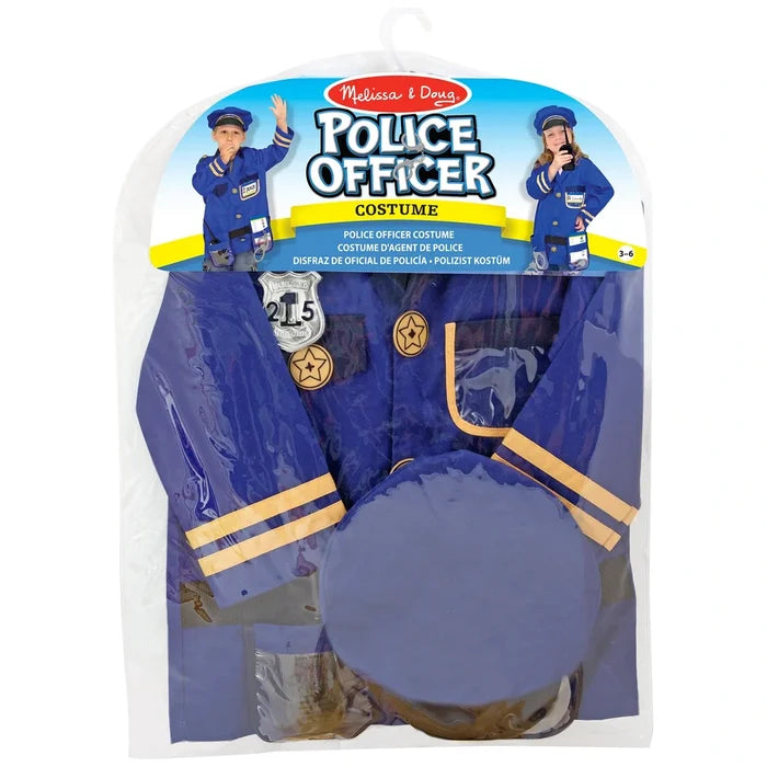 Blue police costume jacket with yellow sleeve stripes and a badge, plus a matching hat in a clear hanging bag.