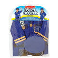Blue police costume jacket with yellow sleeve stripes and a badge, plus a matching hat in a clear hanging bag.