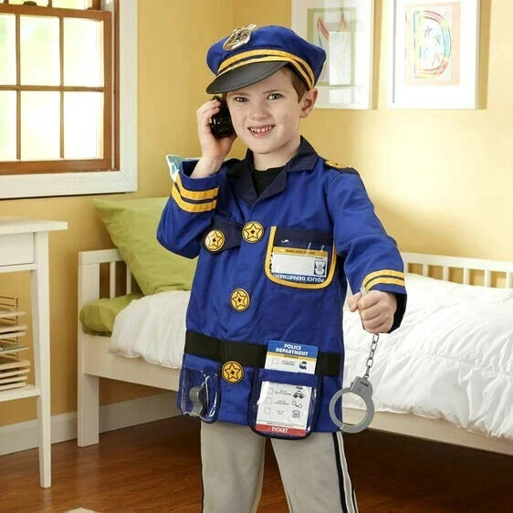 Child in a blue police officer costume with hat, walkie-talkie, and handcuffs, featuring gold badges and belt.