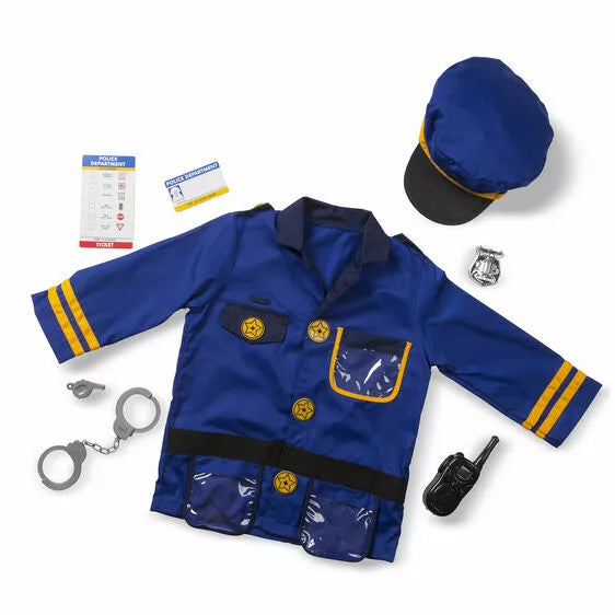 Blue kids police costume set with gold-trimmed jacket, hat, silver handcuffs, walkie-talkie, badge, and tickets.