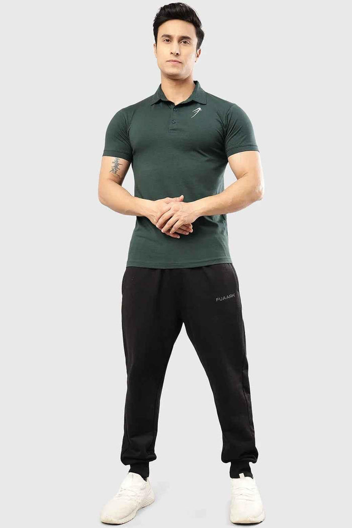 Green Polo T-shirt from Fuaark Nz featuring a classic fit and collar, shown on a plain background.