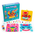 Blue Pom Pom Kit box with applicator, loose multi-colored poms, and finished dog, cat, and alien card designs.