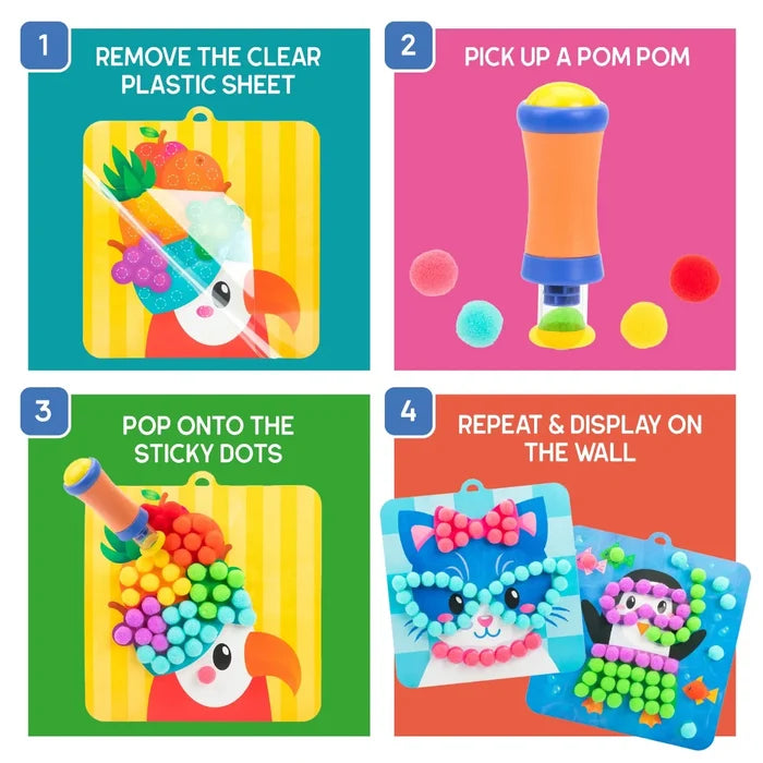 Instructional graphic showing a tool being used to stick colorful pom-poms onto adhesive animal cards in four steps.