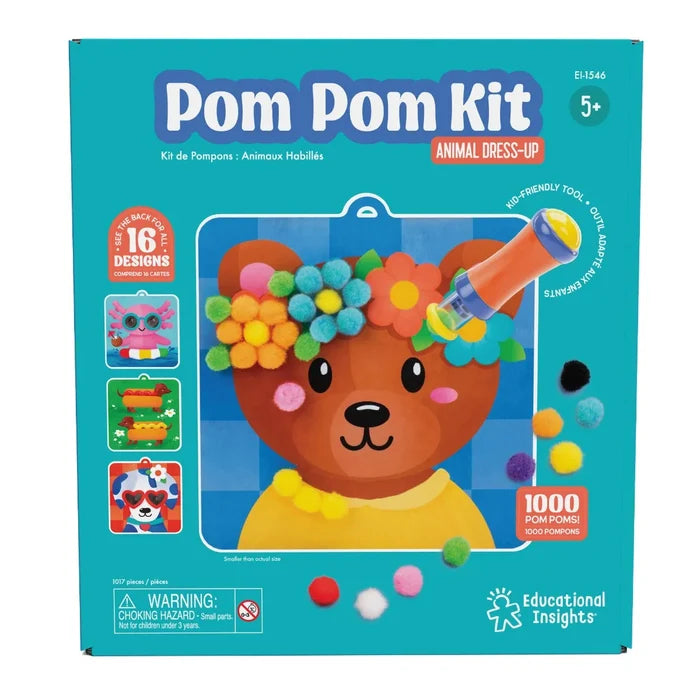 Teal box shows a bear with a pom-pom flower crown, an orange applicator, 1,000 pom-poms, and animal craft designs.