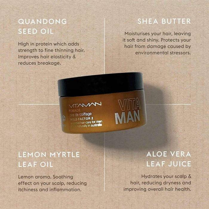 VITAMAN Australia hair pomade in 100g jar, with a shiny, styled hair look showing the product's texture and packaging.
