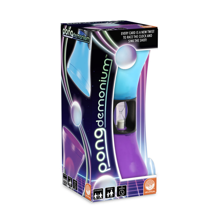 Pongdemonium game box featuring a purple and blue hourglass device with a timer and neon graphics of cups and balls.