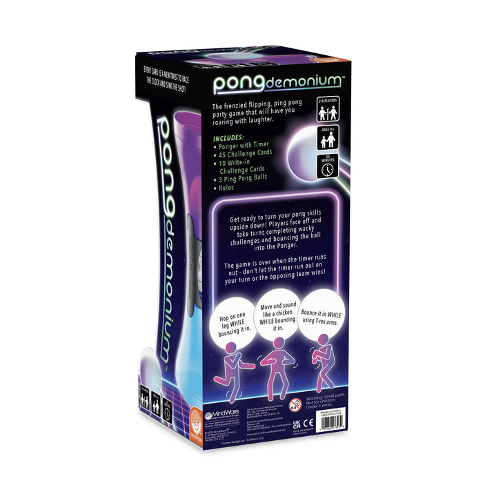 Tall purple and blue space-themed box featuring a plastic vessel and stick figures performing wacky challenges.
