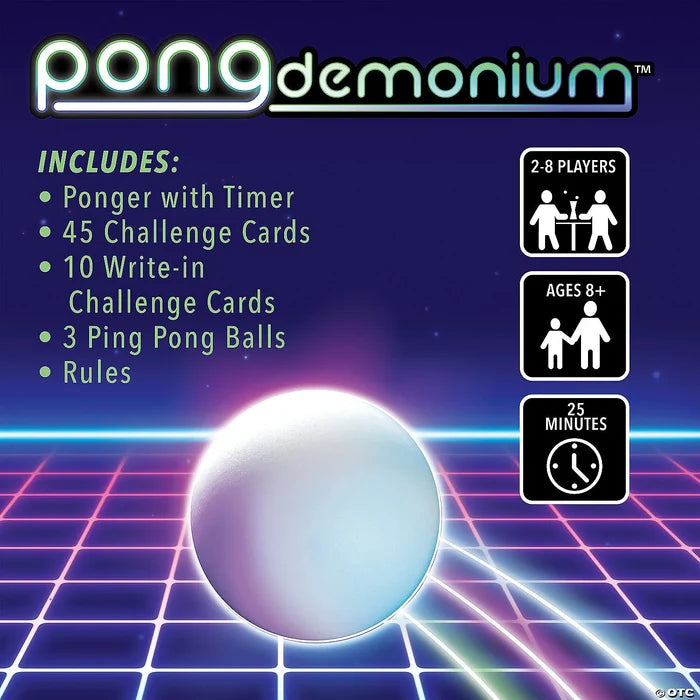 Box art for Pongdemonium featuring a white ball on a neon grid, 2-8 players, age 8+, and a list of game components.