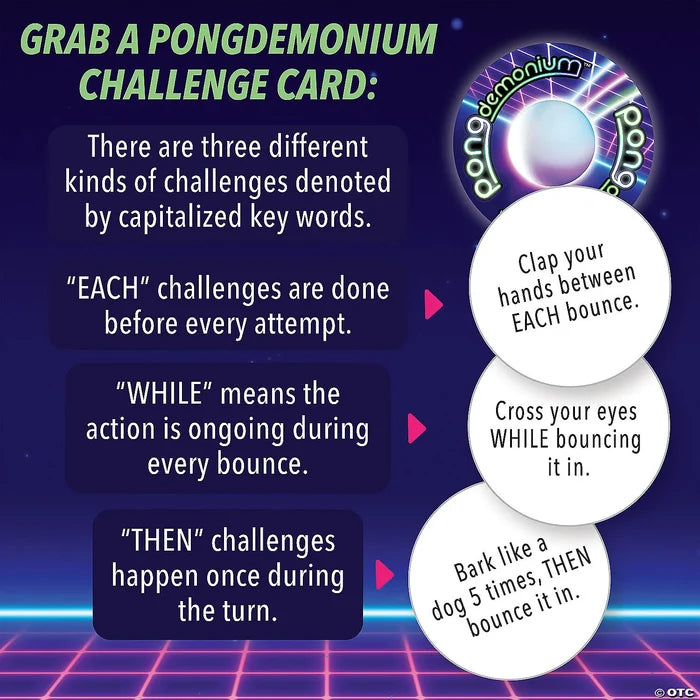 Instructional graphic for Pongdemonium showing challenge rules on a retro neon purple background with a grid floor.