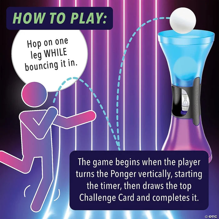 How-to-play graphic: hop on one leg and bounce a ball into a purple and blue hourglass vessel with a built-in sand timer.