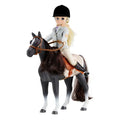 Blonde doll in a grey riding jacket and black hat on a black horse with white legs and a brown saddle.