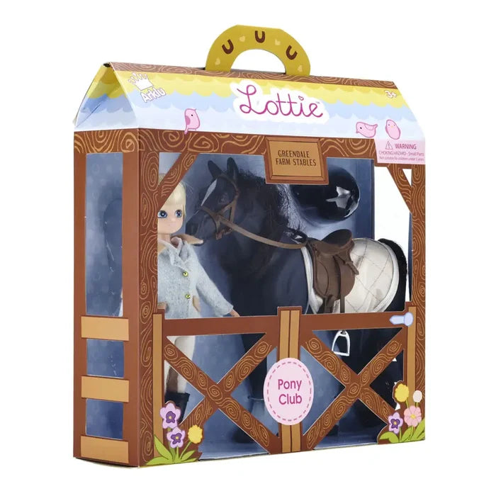 Blonde doll and black toy horse in a house-shaped window box with a stable design and yellow handle.