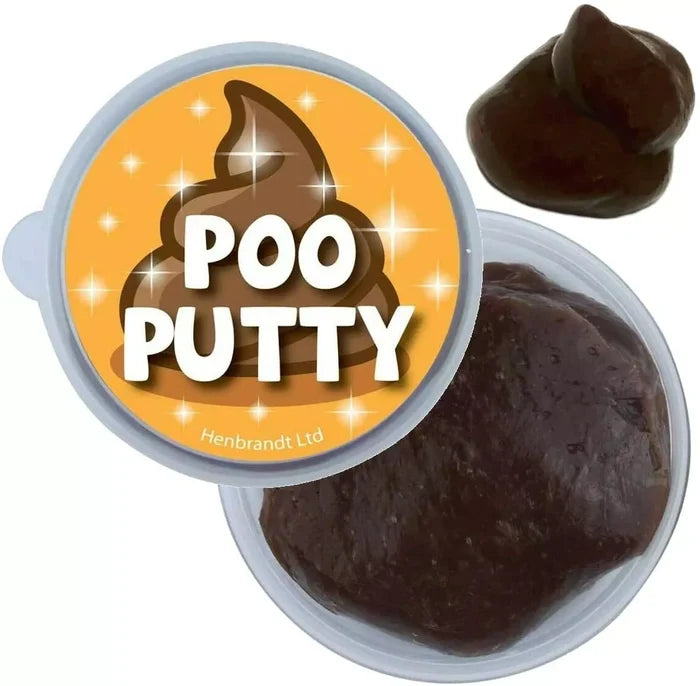 Shiny dark brown putty in a round tub with a yellow lid and a small sample piece shaped into a swirl.