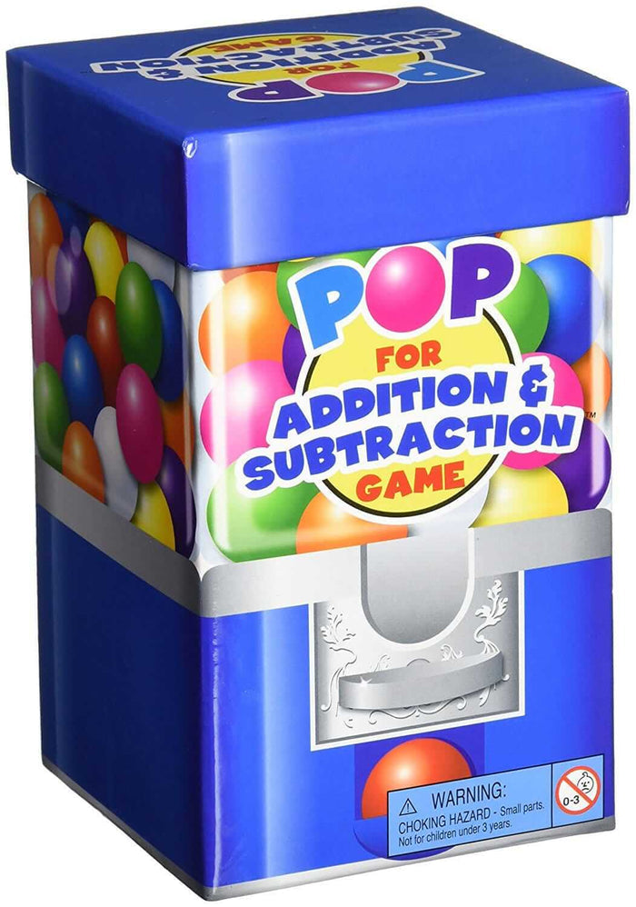 Blue square box featuring a colorful gumball machine and POP FOR ADDITION & SUBTRACTION GAME title.