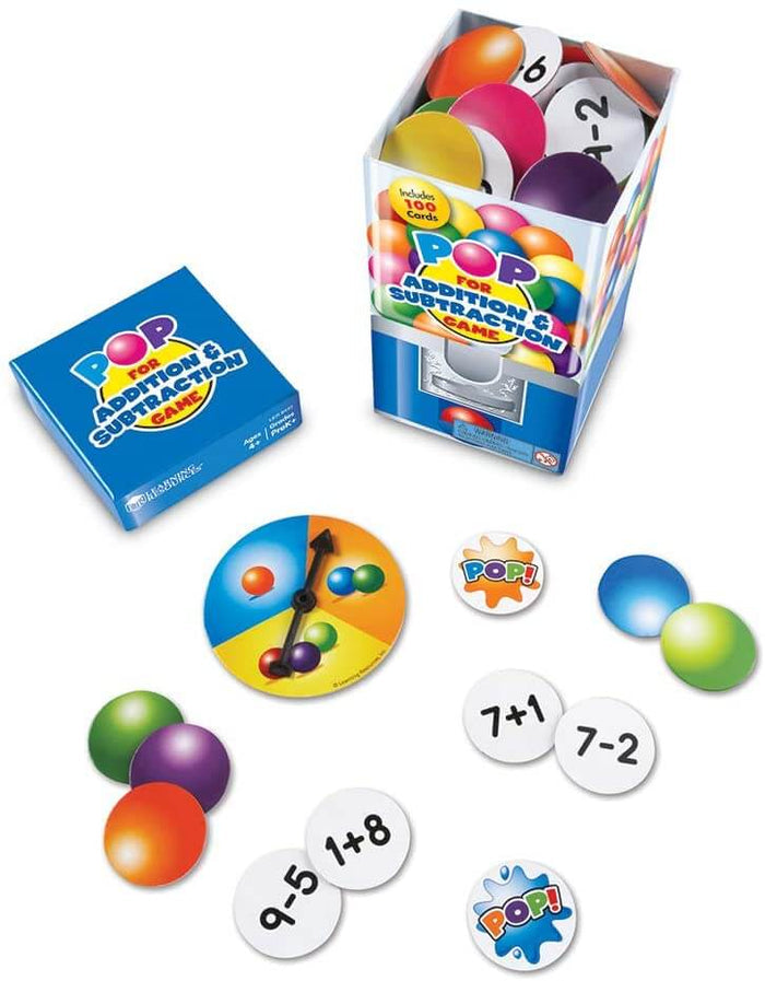 Gumball-themed math game with a colorful spinner and round cards showing addition and subtraction equations.