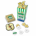 Green and white striped popcorn box with a numbered spinner and popcorn-shaped cards showing word blends.