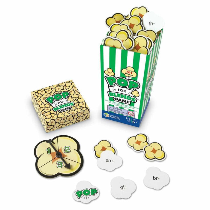 Green and white striped popcorn box with a numbered spinner and popcorn-shaped cards showing word blends.