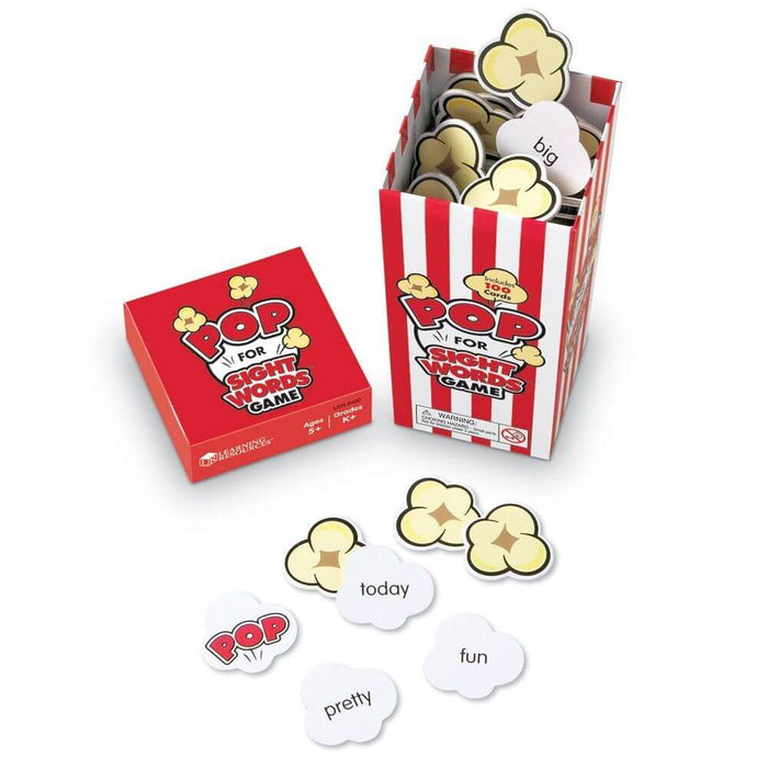 Red striped popcorn box game with kernel-shaped cards featuring sight words like big, today, fun, and pretty.