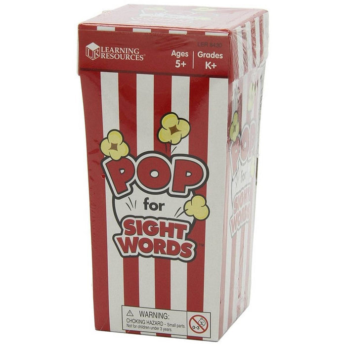 Red and white striped box shaped like a popcorn bucket for a sight words game, featuring yellow popcorn illustrations.