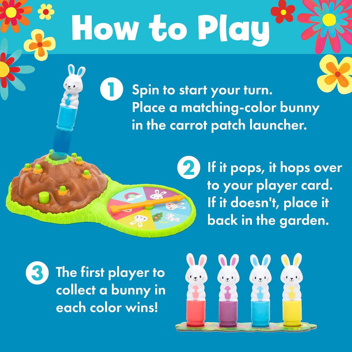 How to Play graphic featuring a bunny launcher, a spinner, and four bunny figures in red, purple, blue, and yellow.