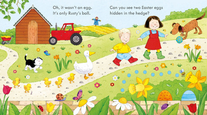 Children and farm animals on a path, with two colorful Easter eggs hidden in the hedge.