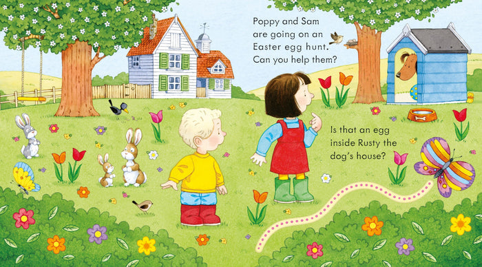 Colorful children's book page of Poppy and Sam in a garden with bunnies and a doghouse for an Easter egg hunt.