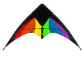 Delta-shaped stunt kite featuring a black upper section and vibrant rainbow-colored lower panels.