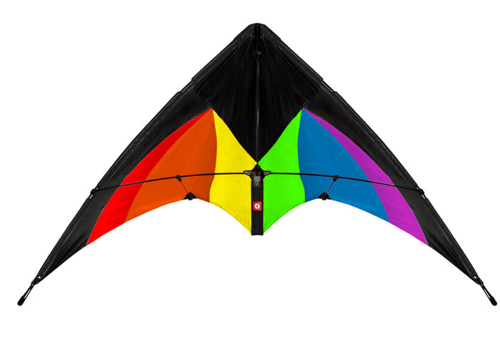 Delta-shaped stunt kite featuring a black upper section and vibrant rainbow-colored lower panels.