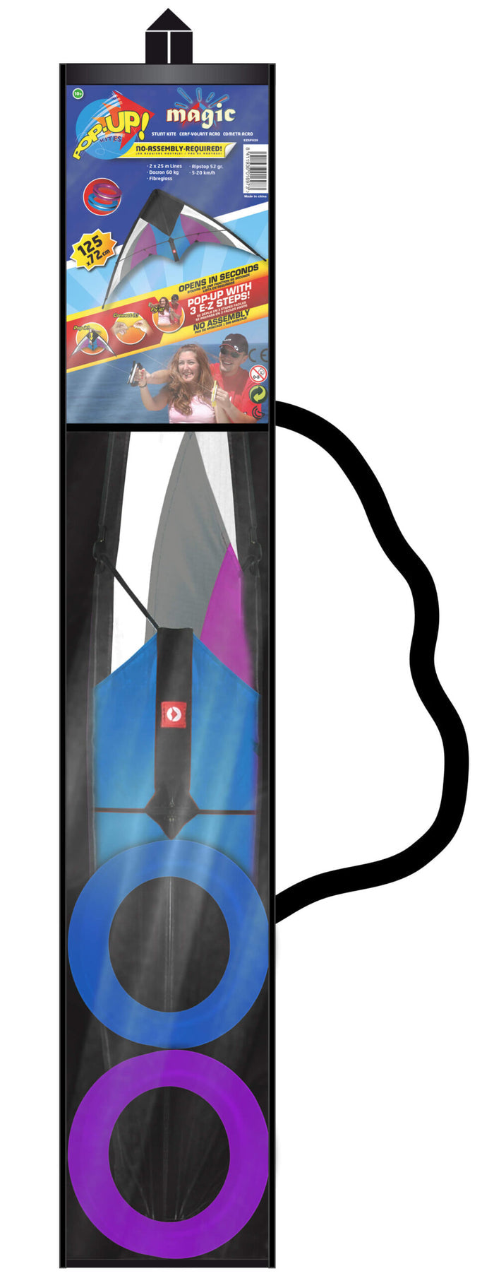 Purple and blue stunt kite in a tall black package with two circular hand reels visible at the bottom.