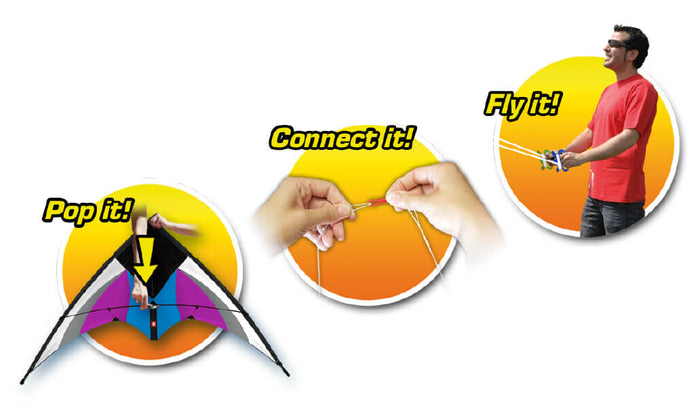 Graphic showing three steps to pop open, connect lines to, and fly a colorful purple, blue, and black stunt kite.