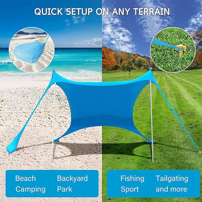 ECOTREK portable beach canopy sun shade awning showing lightweight fabric and adjustable poles for outdoor protection
