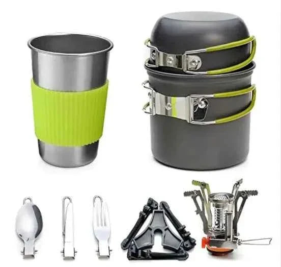 Portable camping stove set by Mead's Supply & Equipment Outfitters, compact outdoor gas stove with windscreen for backpacking.